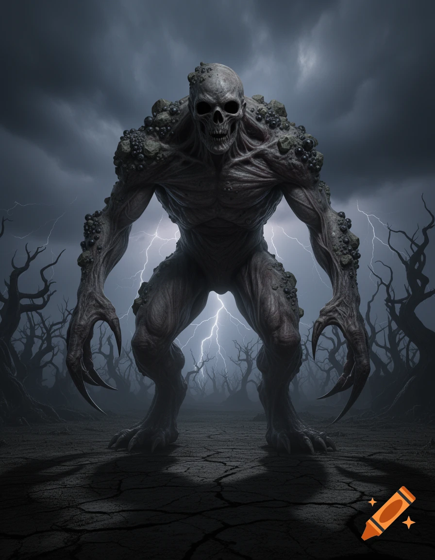 A large, dark, skull-faced monster with gnarled skin and claws stands on cracked earth in a desolate, stormy landscape with lightning and bare trees.