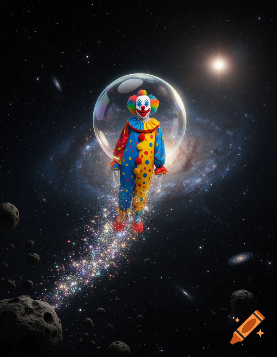 A colorful clown in a bubble floats through a vibrant galaxy, leaving a sparkling trail behind, with asteroids nearby.