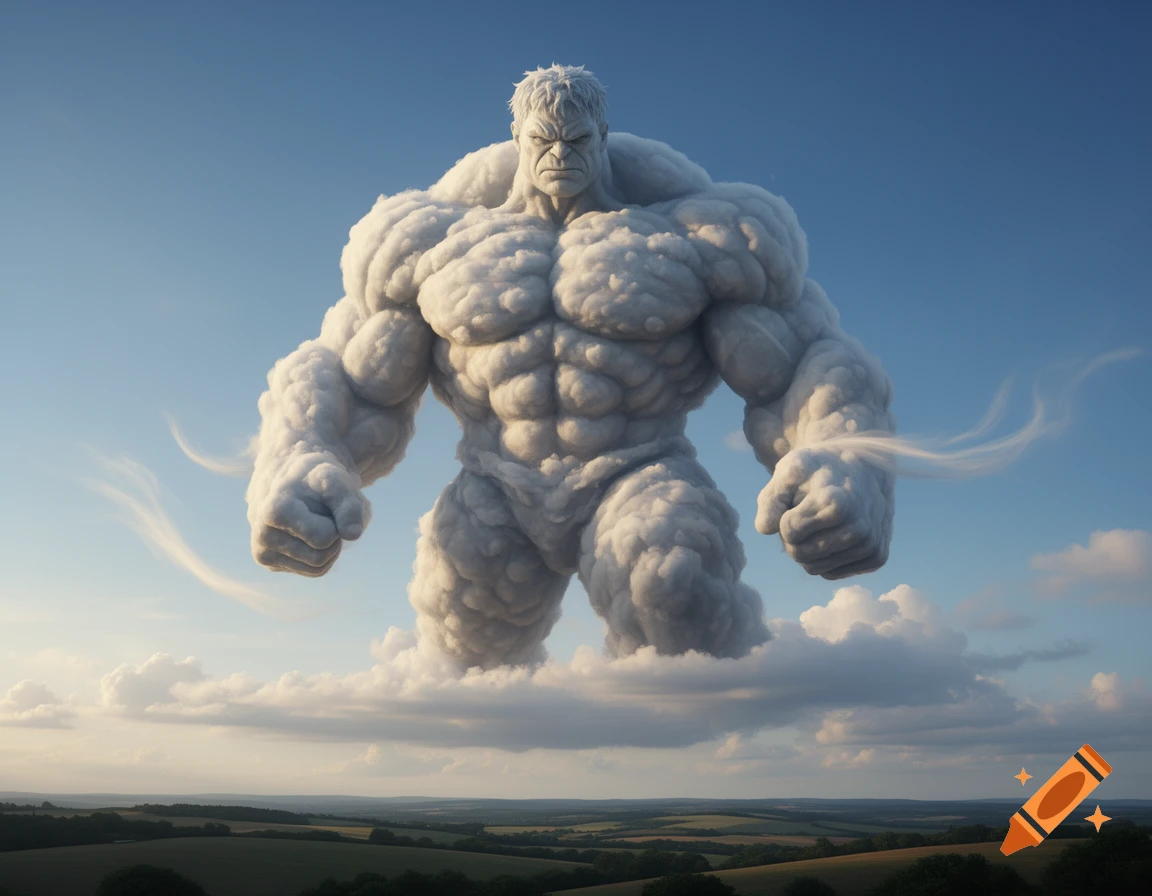 A giant, muscular, angry Hulk-like figure made of white clouds stands tall in a blue sky above a green landscape.
