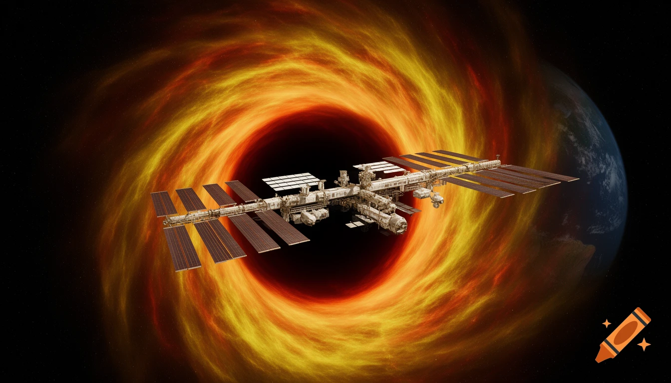 The International Space Station orbiting near a glowing orange and yellow black hole, with a partial view of Earth.