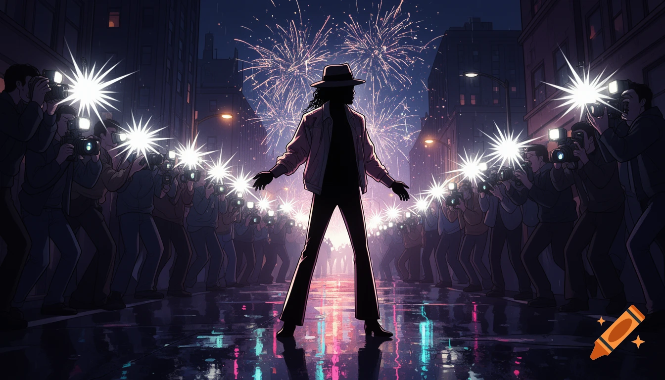 A dramatic silhouette resembling Michael Jackson stands on a wet city street at night, illuminated by paparazzi flashes and fireworks.