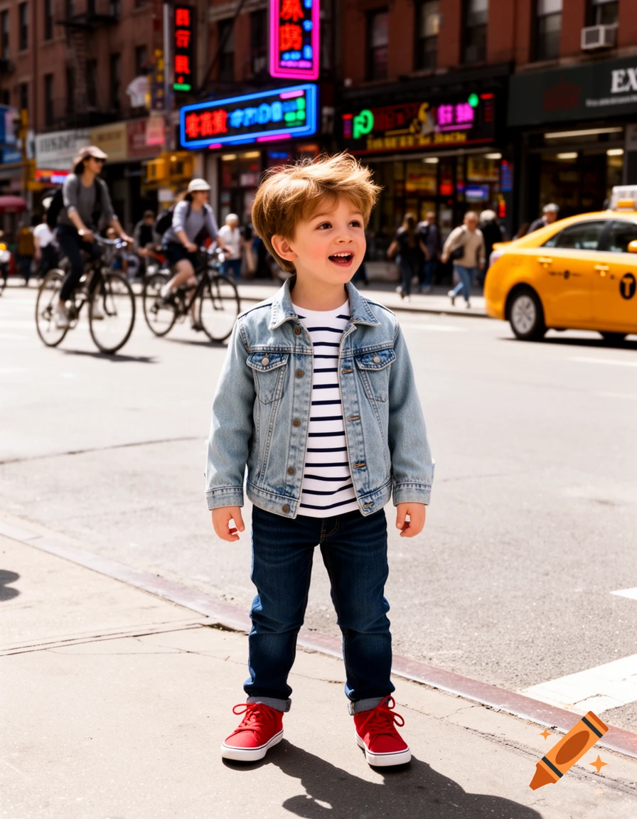 A smiling young boy with ginger hair stands on a sunny city street, wearing a denim jacket, striped shirt, and red shoes. Neon signs, cyclists, and a yellow taxi are in the background.