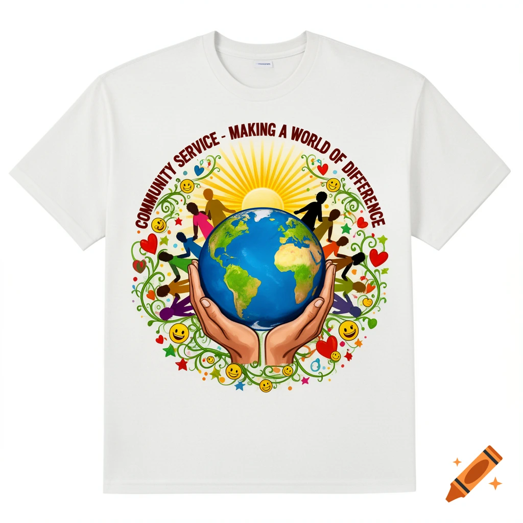 White t-shirt with a graphic design of hands holding a globe, surrounded by diverse people, hearts, and text 'COMMUNITY SERVICE - MAKING A WORLD OF DIFFERENCE'.