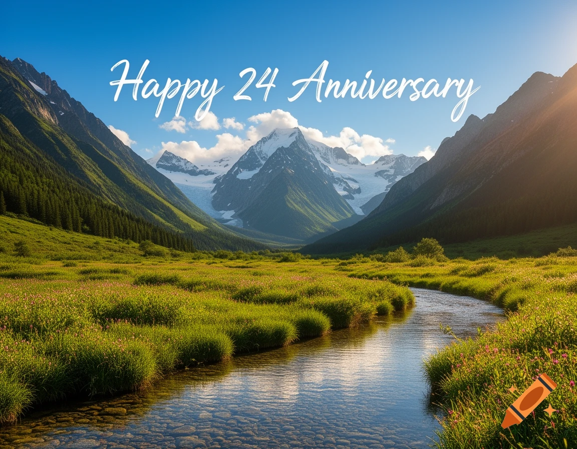 Photorealistic mountain landscape with a river flowing through a valley, lush greenery, and 'Happy 24 Anniversary' text.
