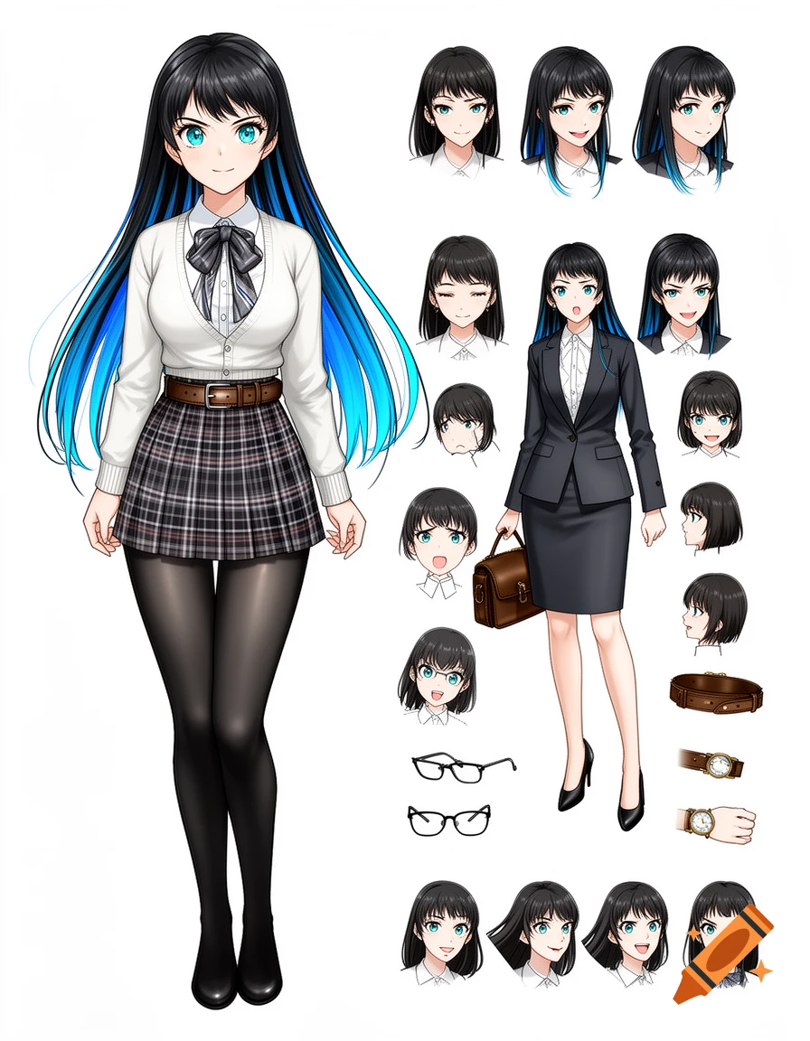 Anime character sheet of a girl with black and blue hair, in school uniform and business suit, with various expressions and accessories.