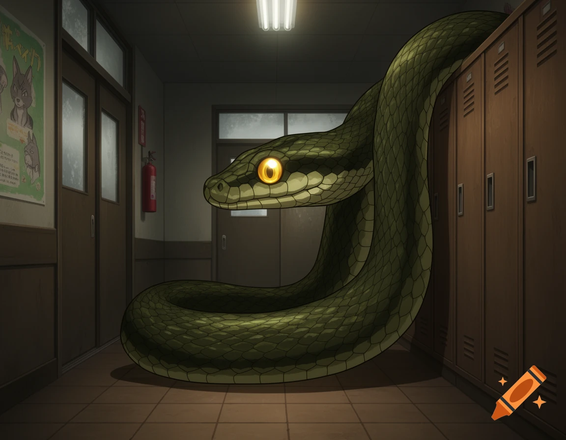 A large green python with glowing yellow eyes in a dark anime-style school hallway, coiling near lockers and a door.