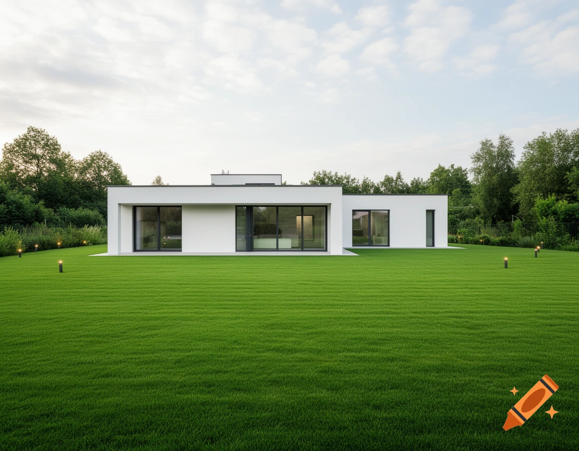 A modern, minimalist white single-family house with large windows sits on a vast, perfectly manicured green lawn under a cloudy sky.