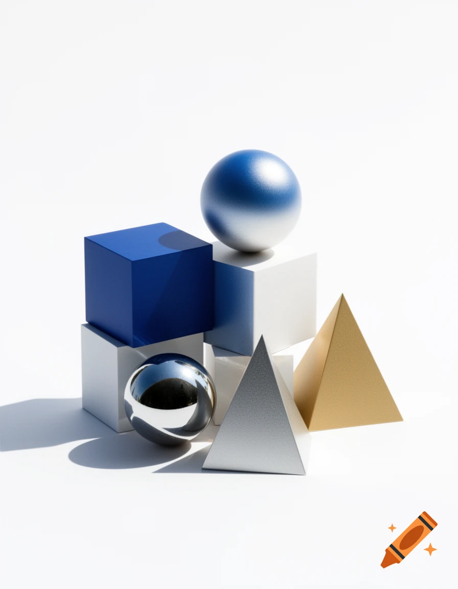 A still life featuring blue, white, gold, and silver geometric shapes including cubes, spheres, and pyramids on a white background.