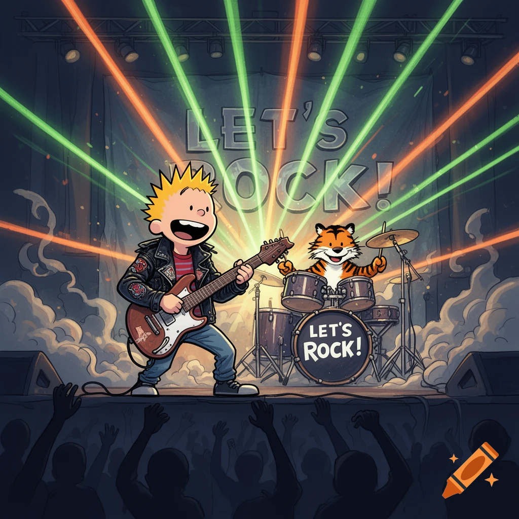 Calvin plays electric guitar and Hobbes plays drums on a stage with spotlights, a cheering crowd, and "LET'S ROCK!" text.