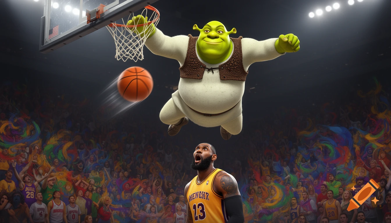 Shrek, a green ogre, dunks a basketball over a surprised LeBron James on a court with a colorful, cheering crowd.