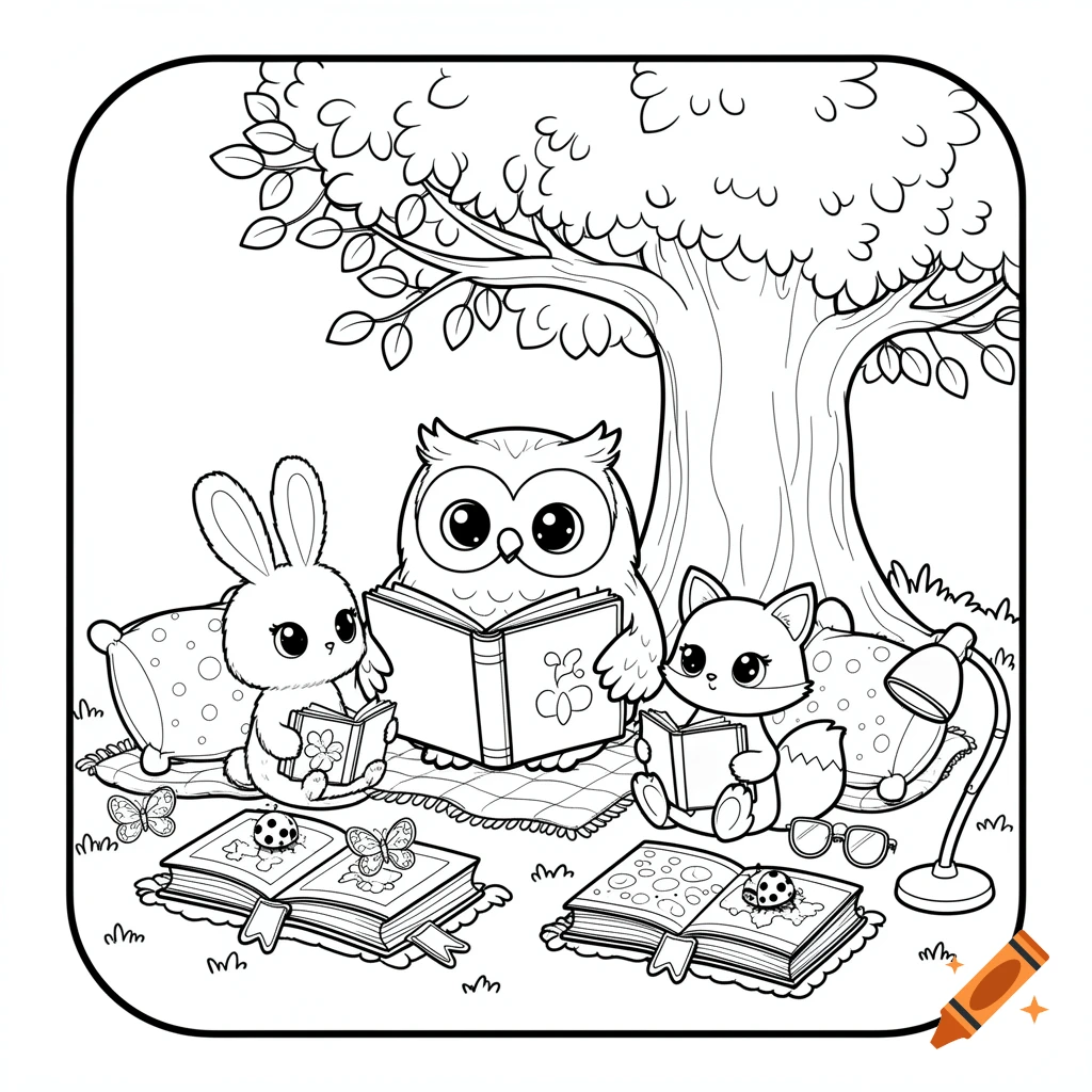 Cute chibi owl, rabbit, and fox reading books under a tree in a kawaii style coloring page.