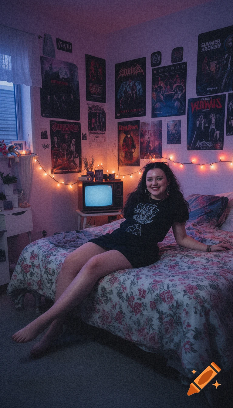 A smiling woman with dark hair sits on a floral bed in a twilight-lit room decorated with band posters and fairy lights.