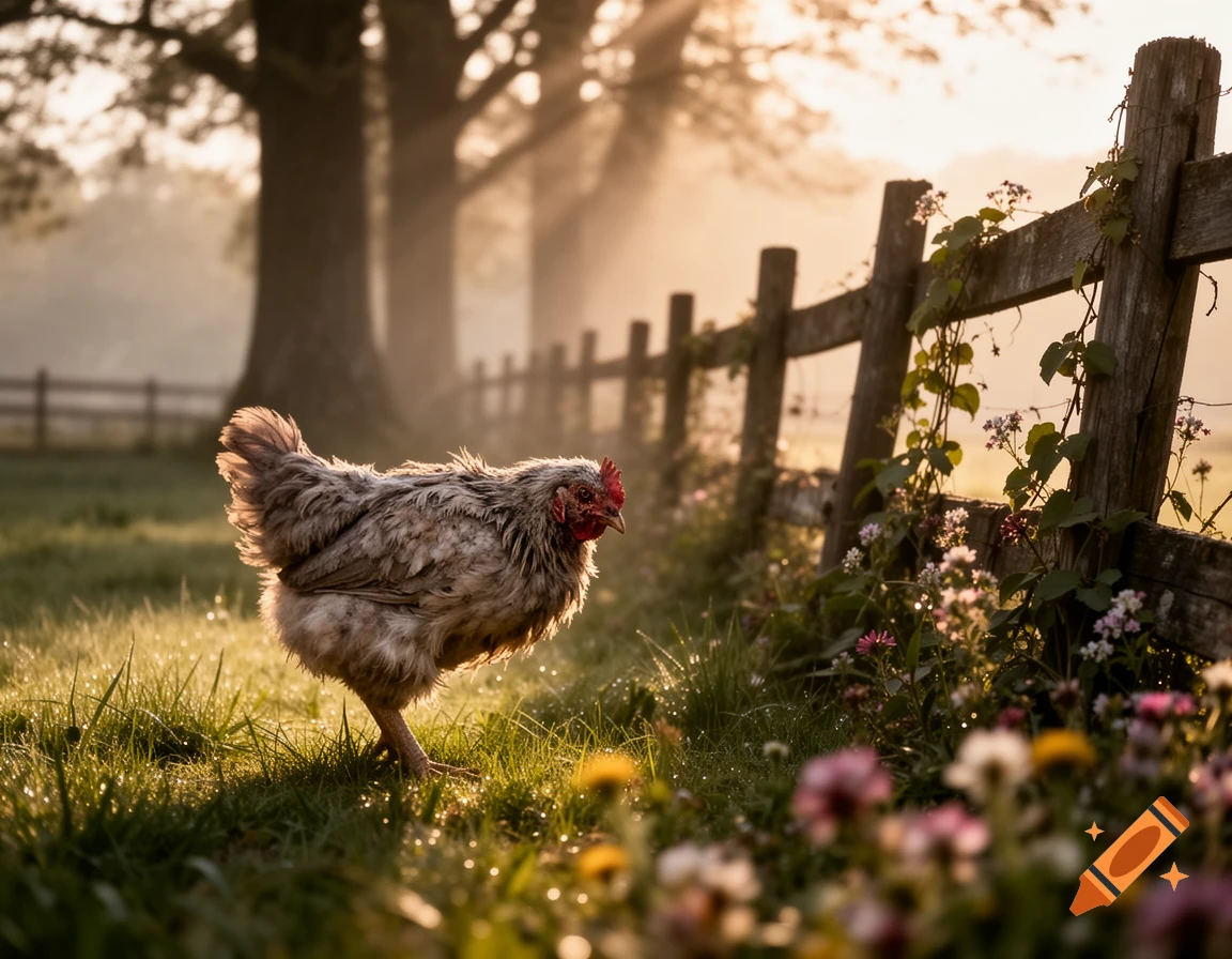 A grey and white chicken stands in dewy green grass next to a wooden fence with wildflowers. Golden sunlight streams through misty trees in the background.