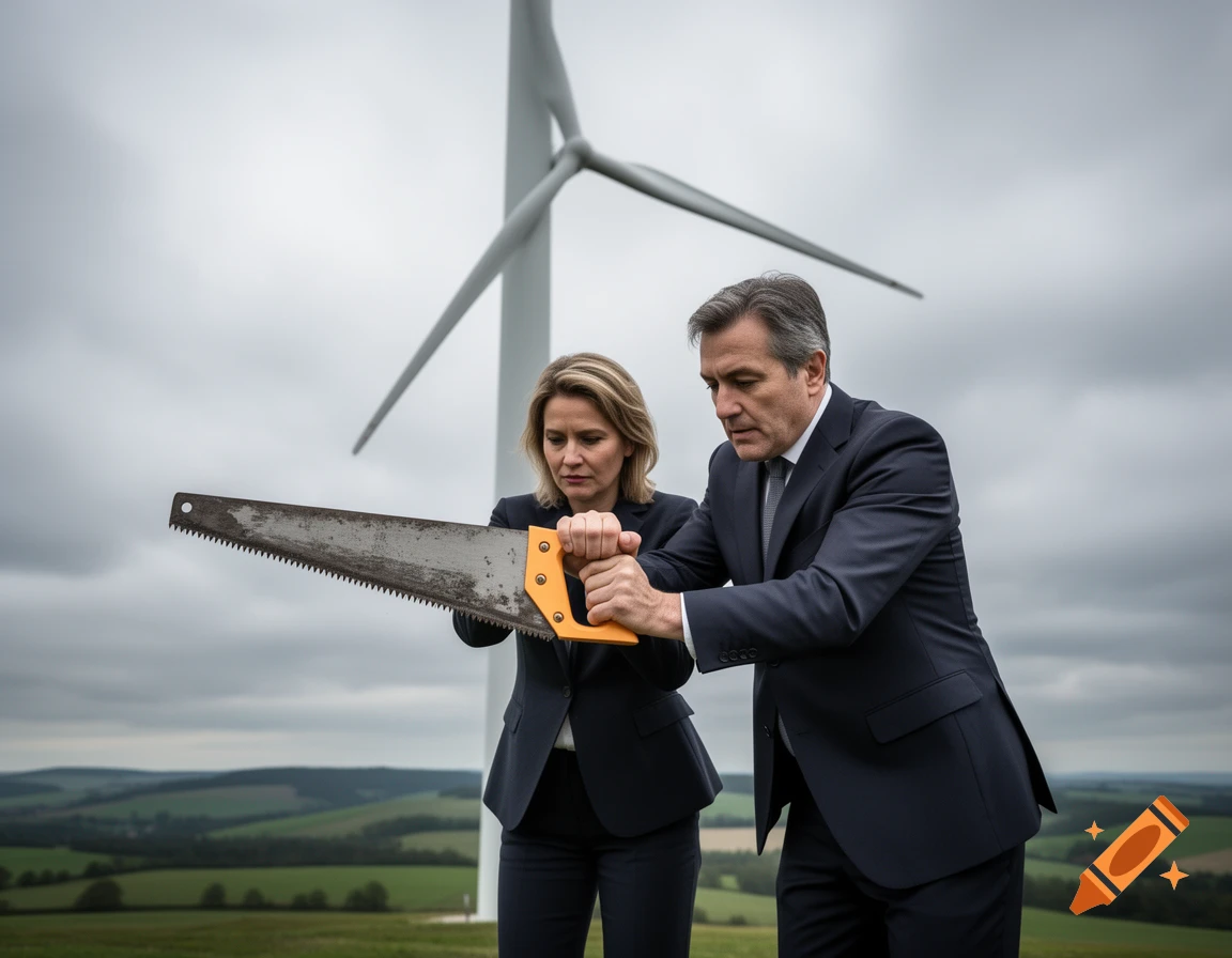 A man and woman in business suits hold a large handsaw together, with a wind turbine and green landscape behind them under a cloudy sky.
