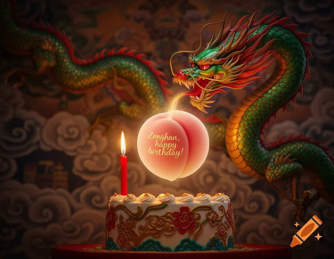 A vibrant Chinese dragon coils around a birthday cake and candle, exhaling a glowing longevity peach with 'Zonghan, happy birthday!' written on it.