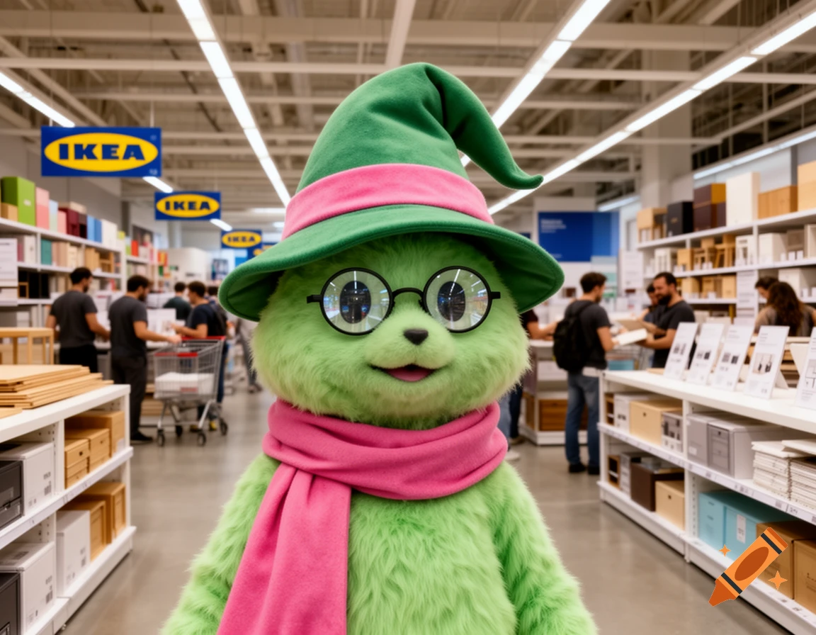 A fluffy green character with a green wizard hat, pink scarf, and round glasses stands in an IKEA store aisle.