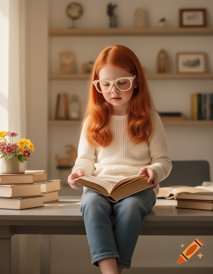 A young girl with red hair and glasses sits on a desk reading a book, surrounded by books and flowers.