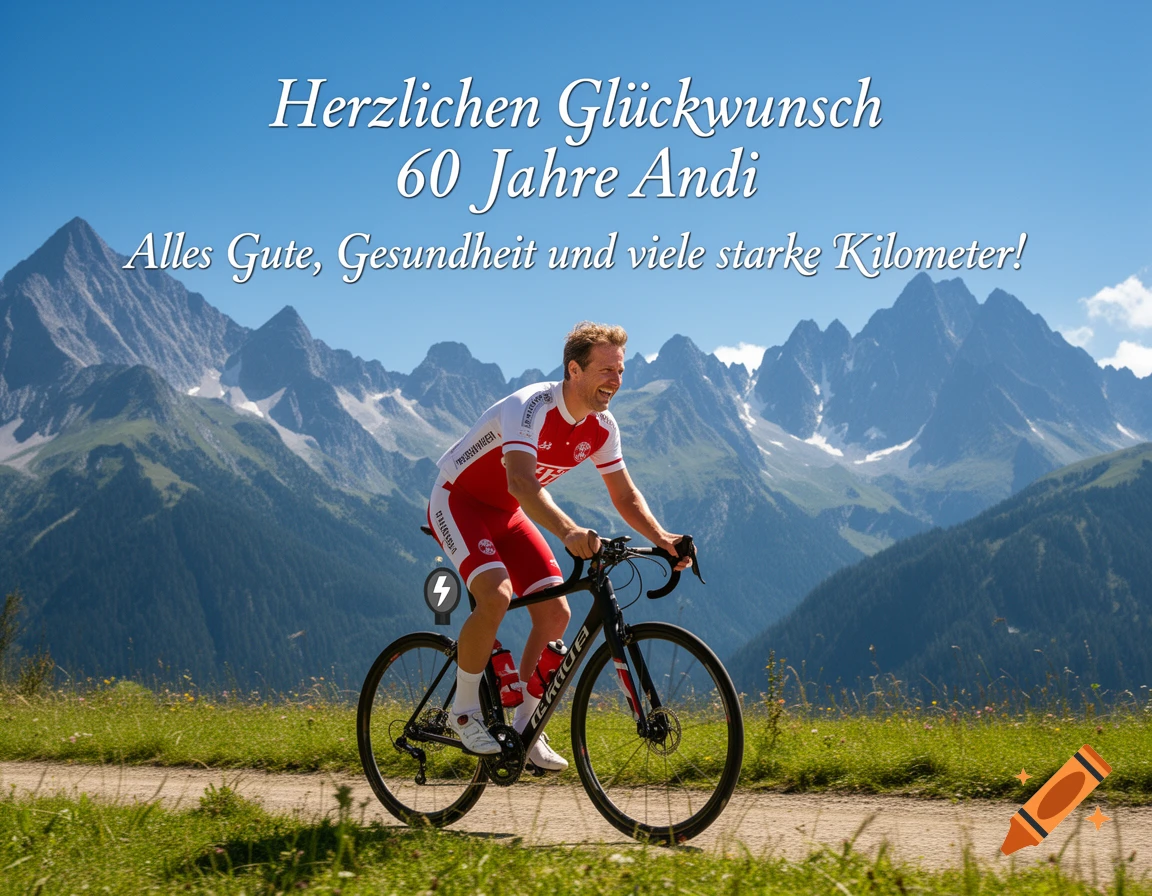 A man in red and white cycling gear rides a bicycle on a dirt path through a sunny mountain landscape. Birthday text is overlaid.