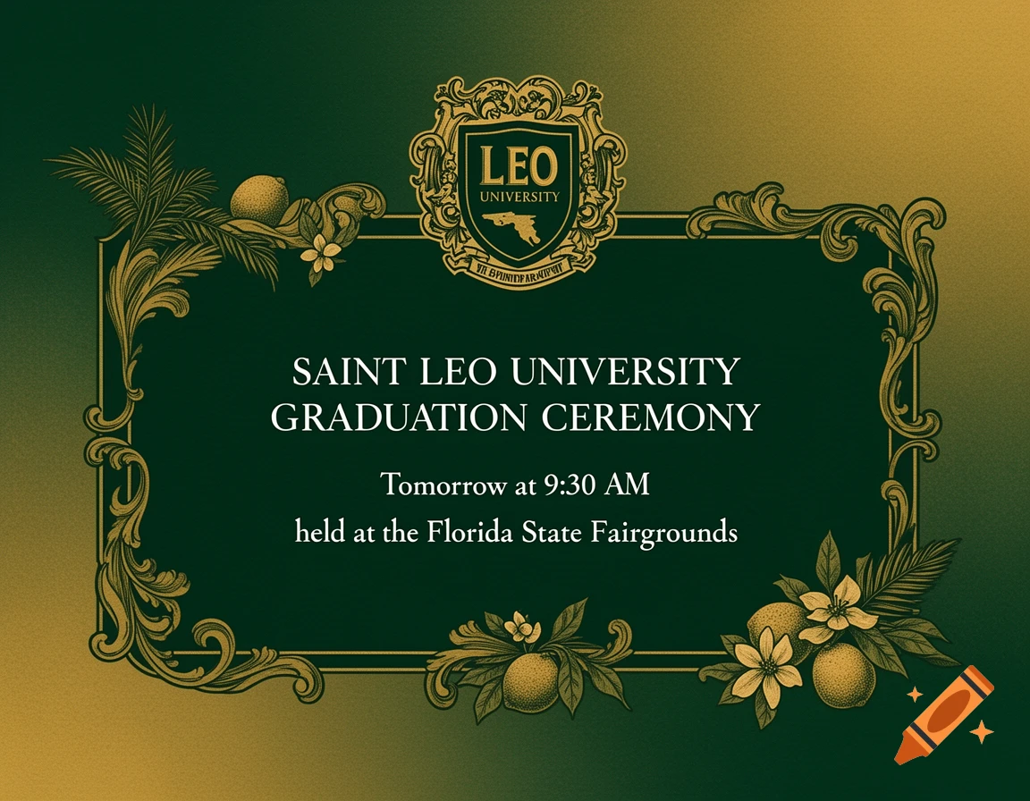 A formal graduation invitation for Saint Leo University, featuring a dark green background with a gold ornate border, palm fronds, and oranges. The text announces a graduation ceremony held tomorrow at 9:30 AM at the Florida State Fairgrounds.