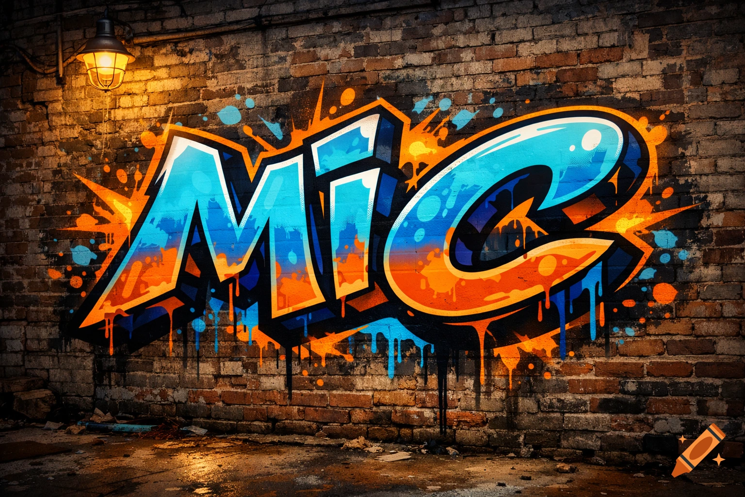 Graffiti art spelling 'MIC' in blue, orange, and black on a textured brick wall, illuminated by an overhead street lamp.