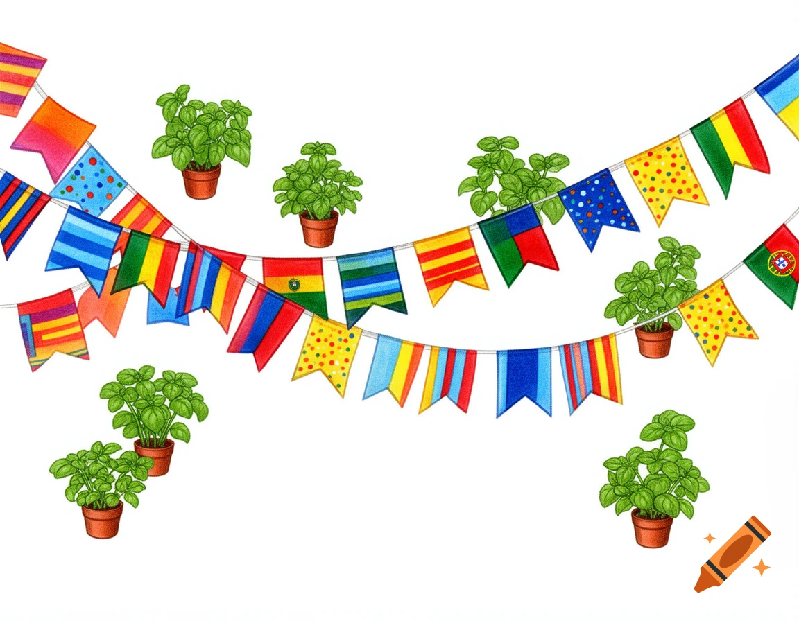 An illustration of festive bunting flags and potted basil plants strung across a white background.