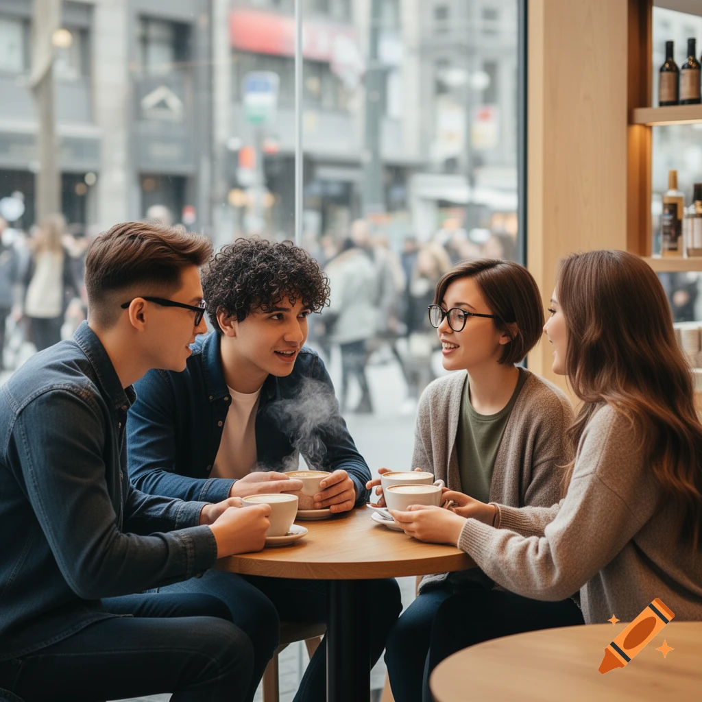 Four young adults, two men and two women, sit around a round wooden table in a cafe, drinking coffee and talking. One man wears glasses, the other has curly hair. One woman wears glasses, the other has long hair. The cafe interior is visible with a blurred city street outside.