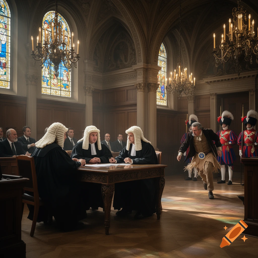 A man in a tattered tunic runs through a grand, ornate courtroom with stained glass windows, past judges in wigs and robed guards.
