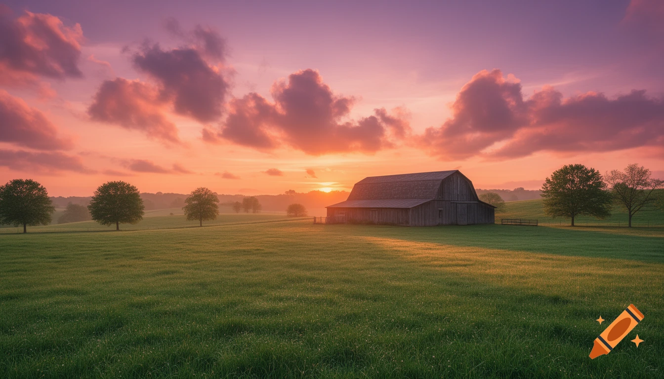 A rustic wooden barn stands in a lush green field under a dramatic pink and orange sunset sky, with trees in the distance.