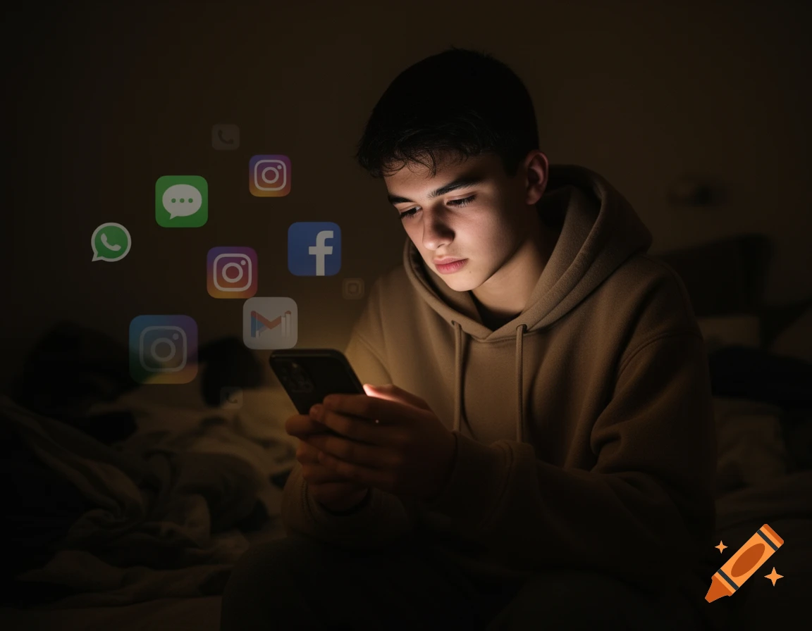 A teenager looks at a smartphone in the dark, with illuminated social media app icons floating around them in a photorealistic style.