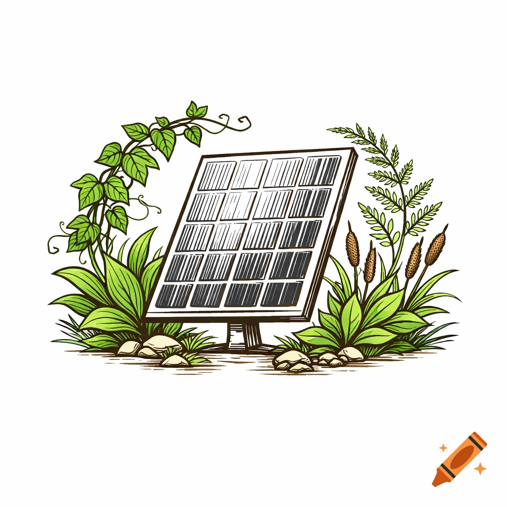 A stylized sketch of a solar panel surrounded by green foliage, tall grass, and cattails, suggesting environmental sustainability.