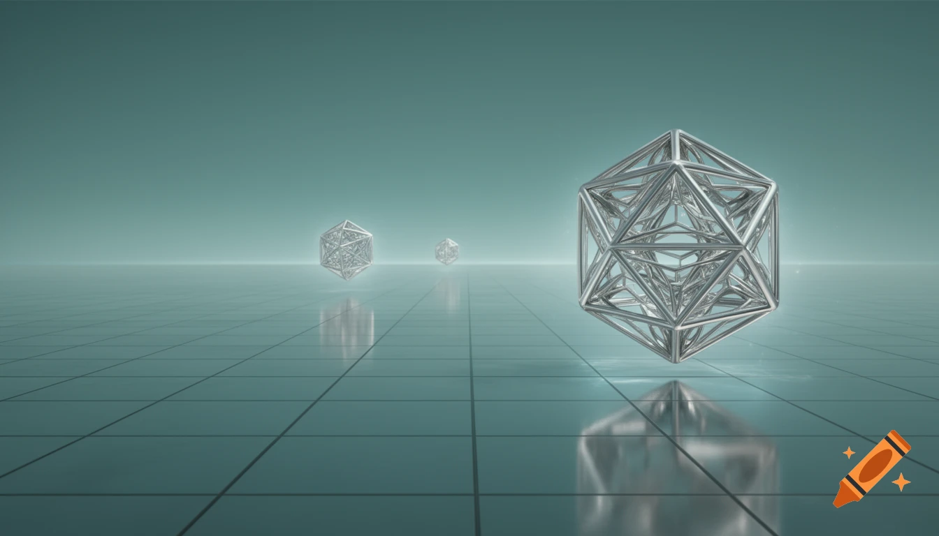 Three levitating silver polyhedral sculptures on a reflective, grid-lined floor against a teal background, photorealistic style.