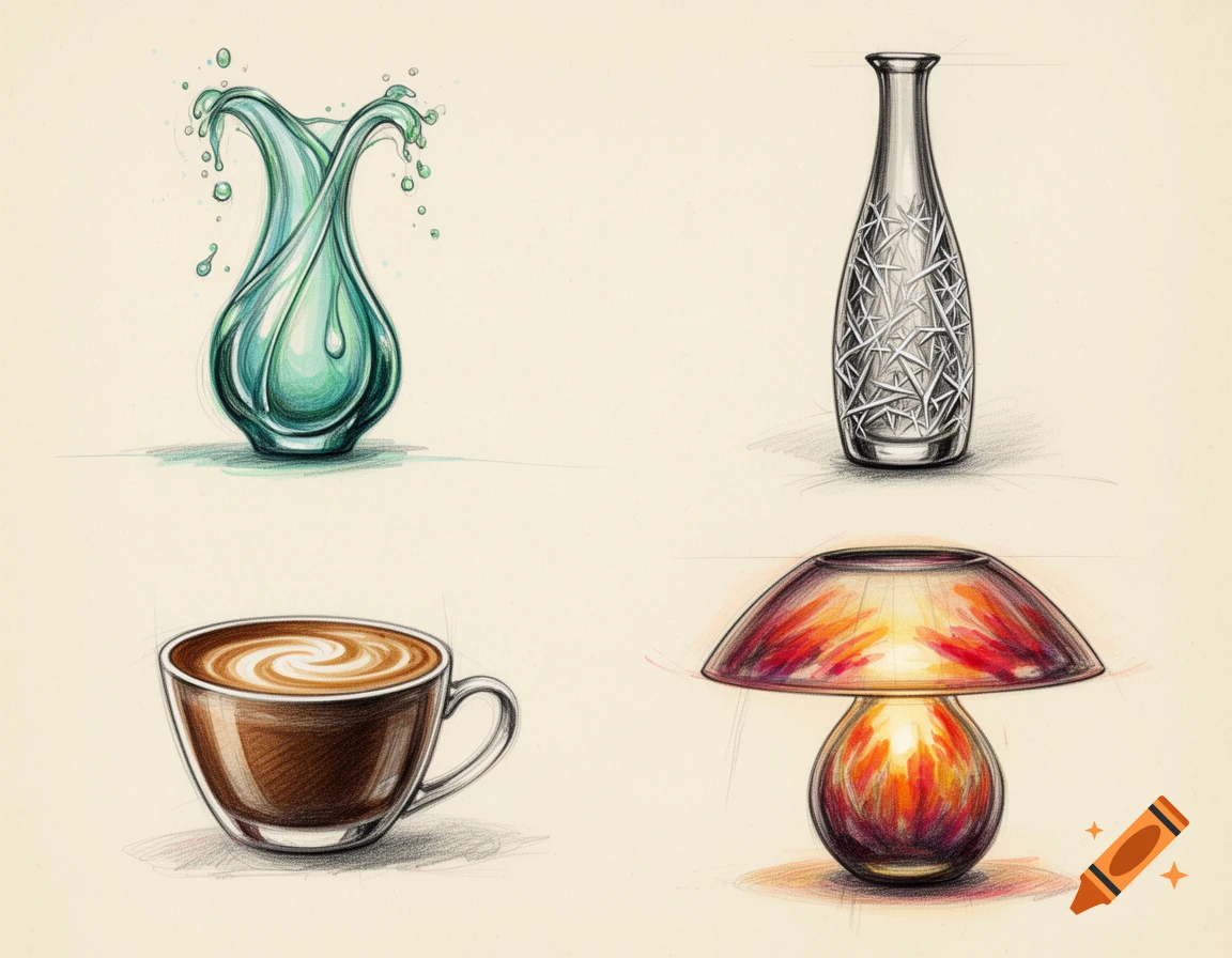 Four stylized sketches of glass objects: a splashing vase, a textured bottle, a coffee cup, and a glowing mushroom lamp.