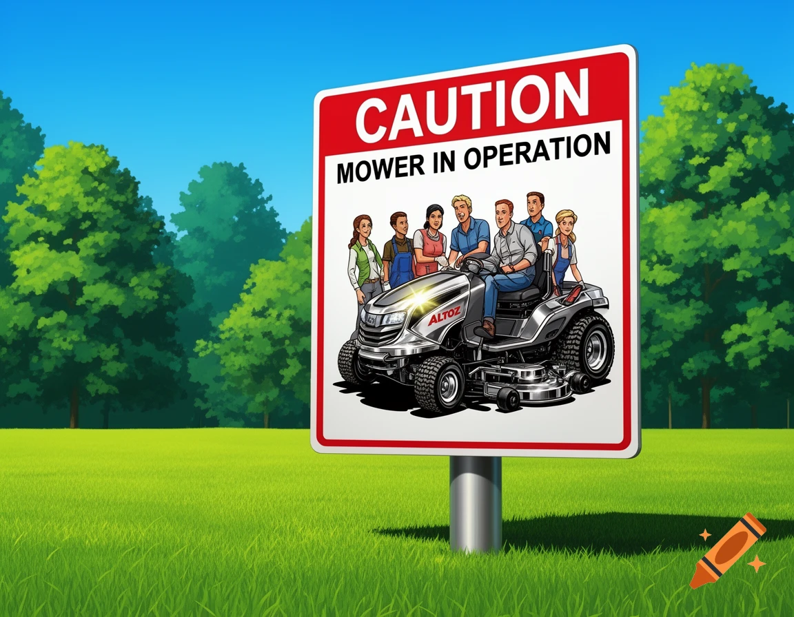 A cartoon illustration of a caution sign in a field, depicting people on an Altoz riding lawnmower.