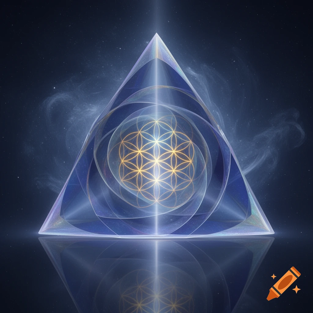 A glowing, transparent pyramid structure containing a golden flower of life pattern and swirling blue light, reflected on a dark surface against a starry cosmic background.