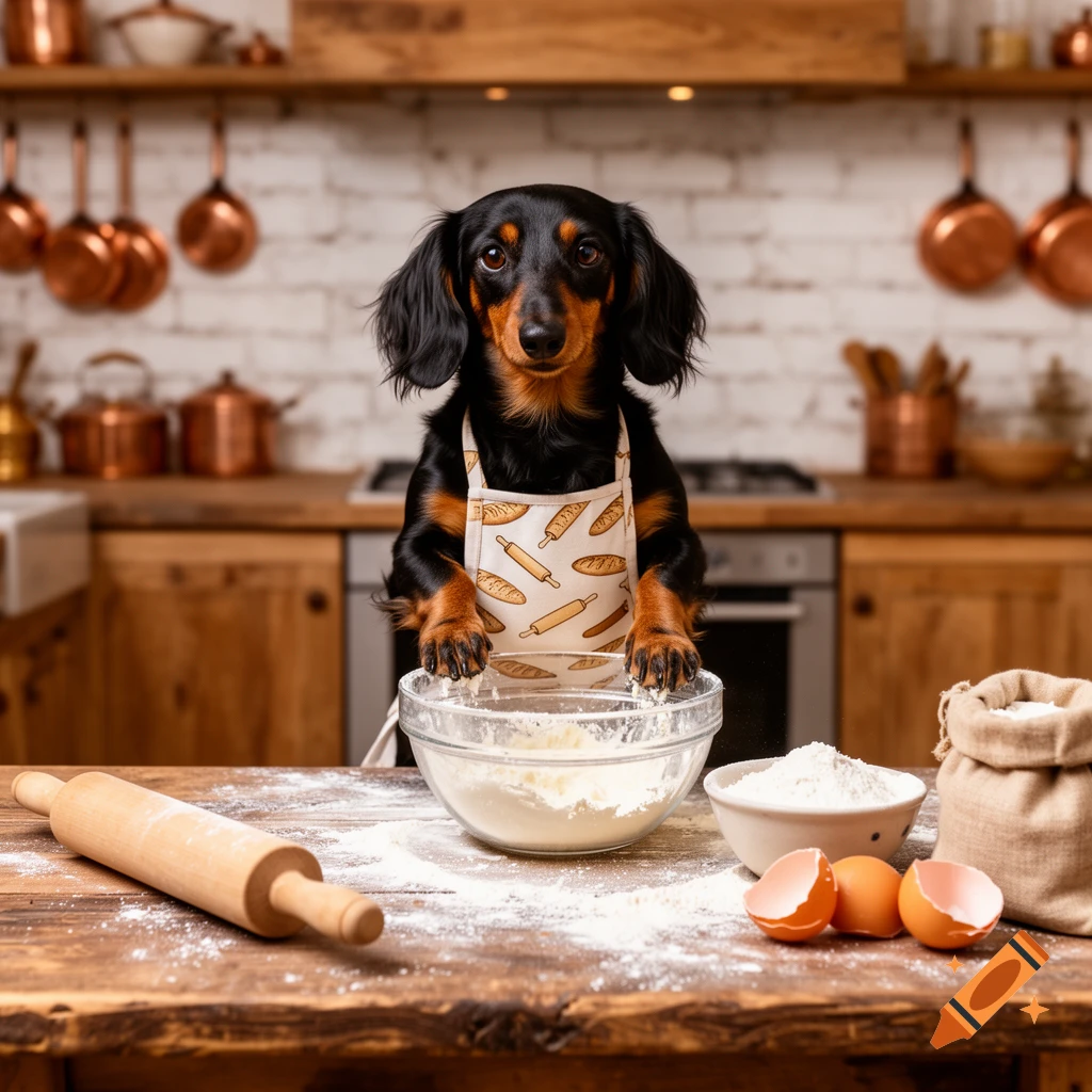 Black and tan longhaired Dachshund in a baker's apron, paws on a flour bowl on a rustic kitchen counter with baking ingredients.