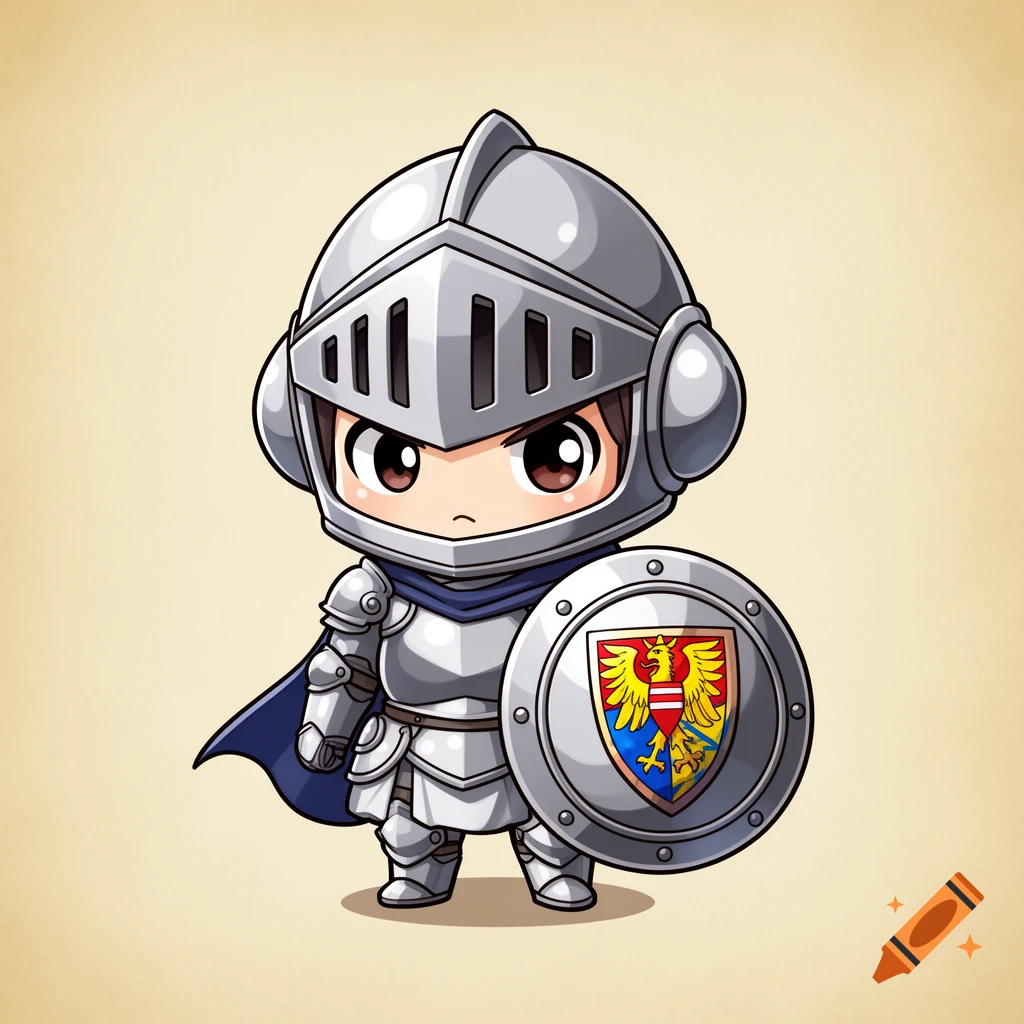 A chibi knight in silver armor with a blue cape and a shield featuring a red and yellow crest, standing facing front.