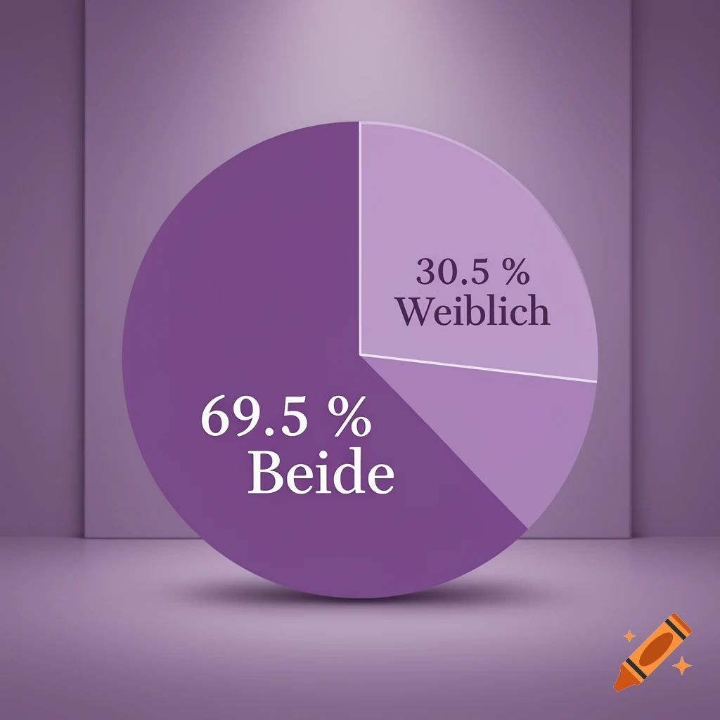 A purple 3D pie chart showing 69.5% 'Beide' (Both) and 30.5% 'Weiblich' (Female) on a purple background.