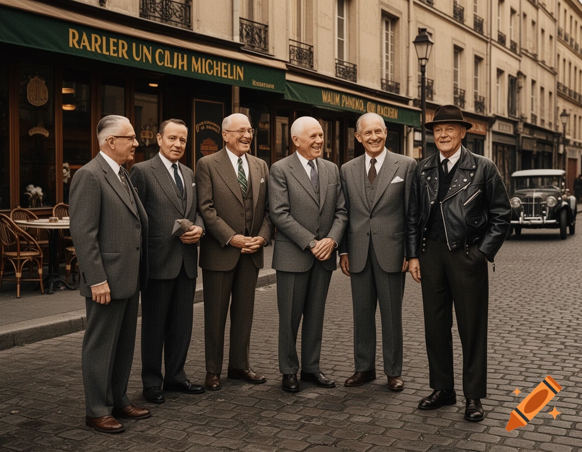 Six older men in suits and a leather jacket stand on a cobblestone street in front of a cafe with green awnings and a vintage car.