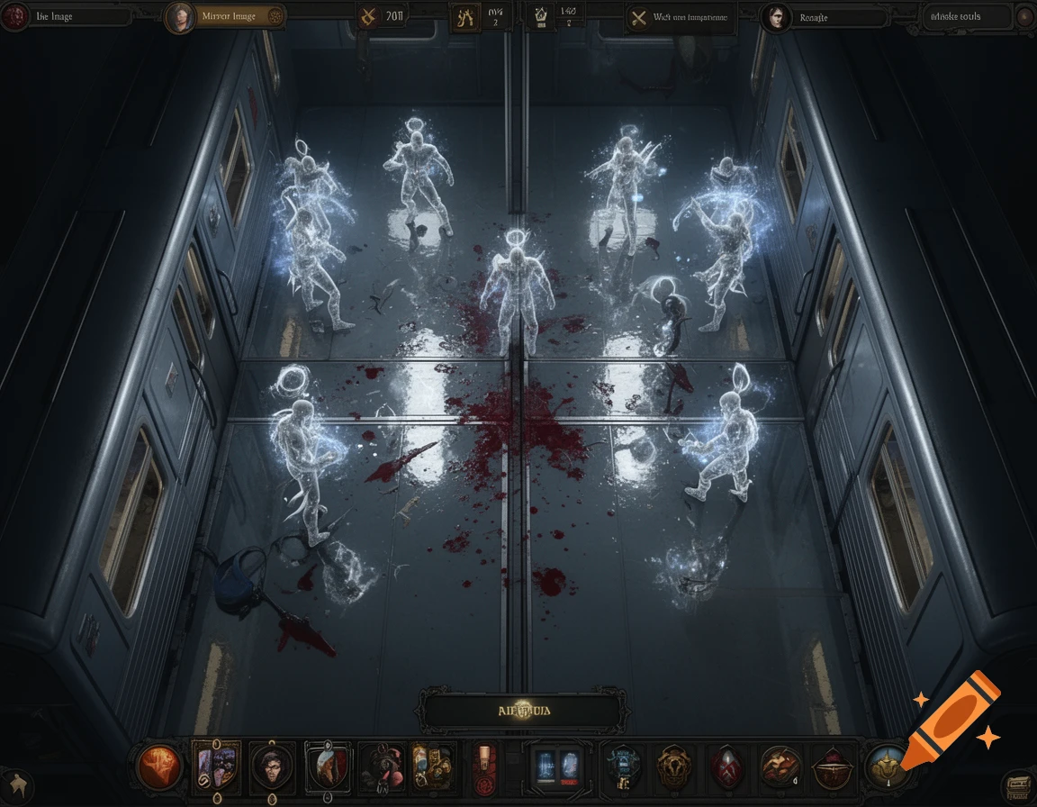 Top-down view of a dark, reflective train car map with ethereal, glowing humanoid figures engaged in combat, blood splattered on the floor, and UI elements.