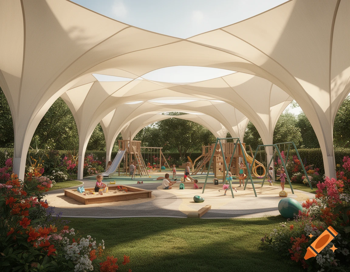 A modern outdoor children's playground with a large white tensile fabric canopy, surrounded by lush green grass and colorful flowers, under a bright sky.