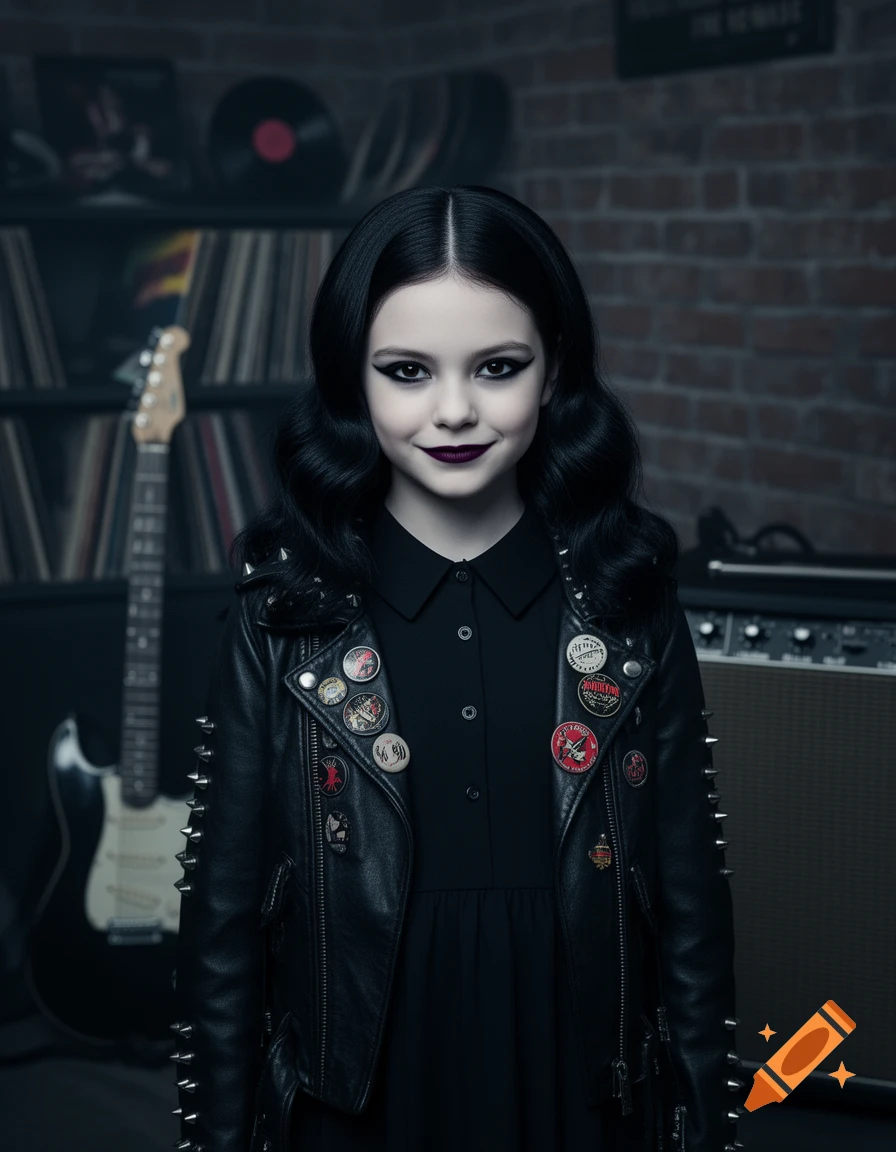 A photorealistic portrait of a young girl with dark hair and gothic makeup, wearing a studded leather jacket with badges. She stands in a room with a guitar and records.