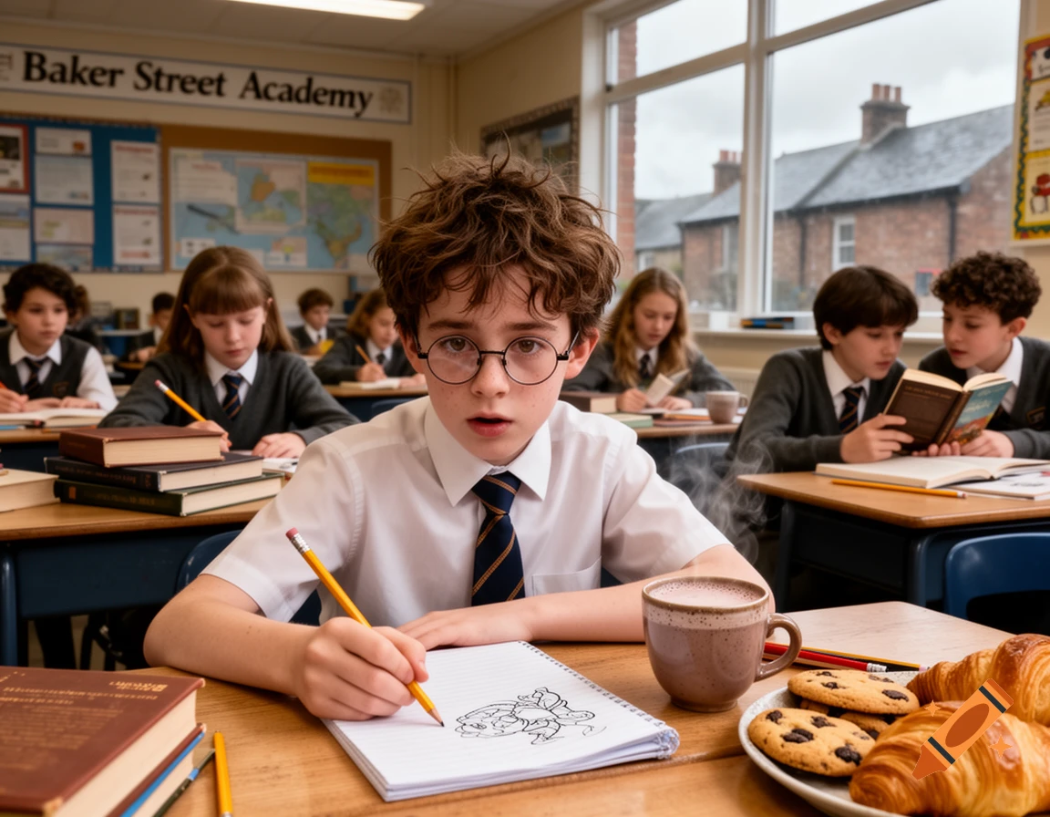 A boy in glasses draws in a notebook at his desk in a classroom, with other students, cookies, croissants, and a mug of hot chocolate.
