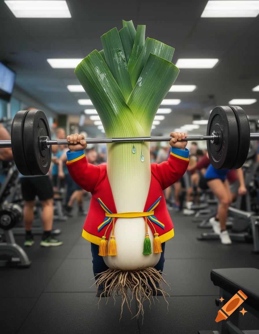 An anthropomorphic leek wearing a red jacket lifts heavy weights in a gym, shedding tears of exhaustion.