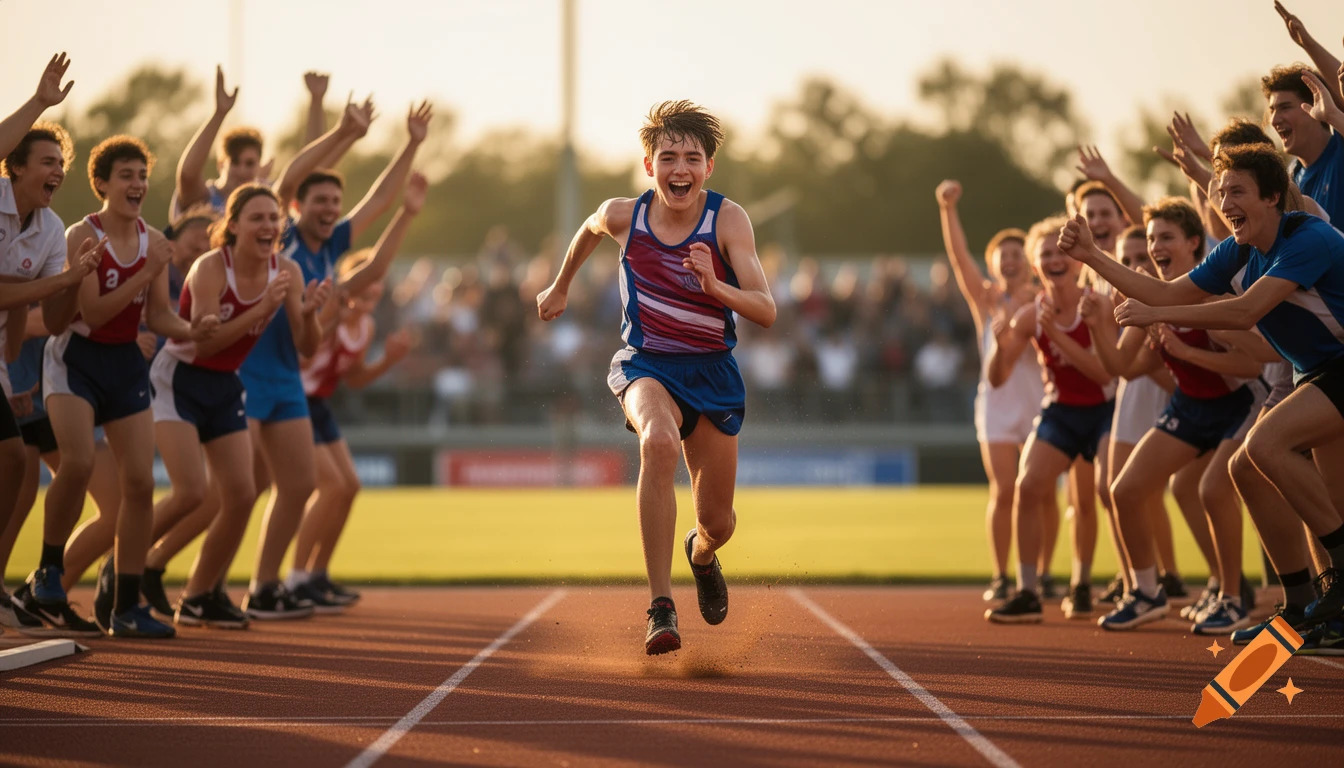 A young boy sprints down a track, grinning excitedly as a crowd of cheering teammates line the path, celebrating his win at sunset.