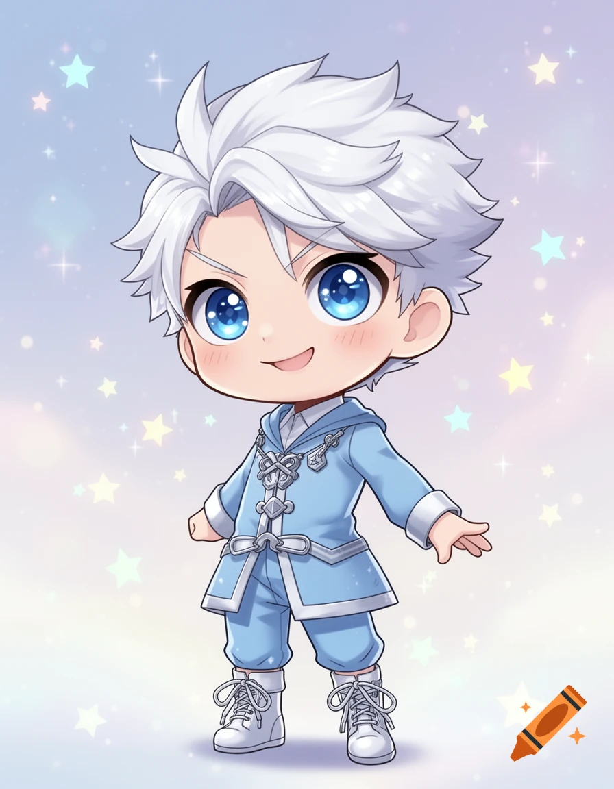 A cute chibi male character with white spiky hair, big blue eyes, and a light blue fantasy outfit, standing against a pastel starry background.