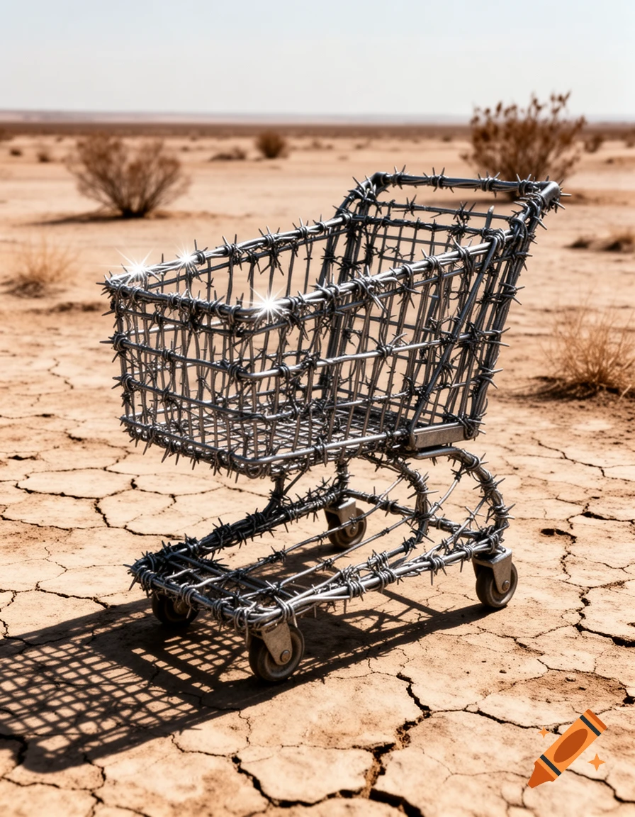 A shopping cart crafted from barbed wire stands on dry, cracked desert ground under a clear sky.