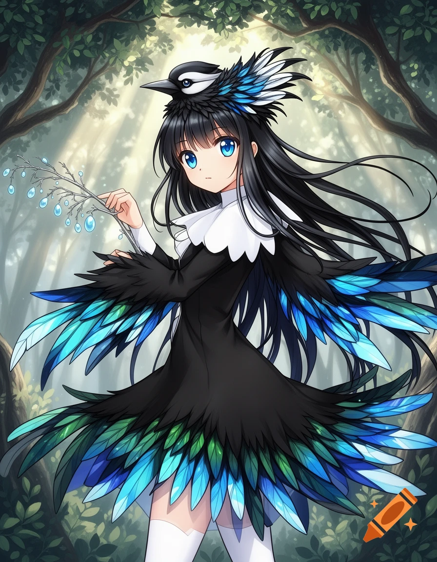 Anime girl with long black hair, blue eyes, and magpie bird features, holding a leafy branch with water droplets, in a sunlit forest.
