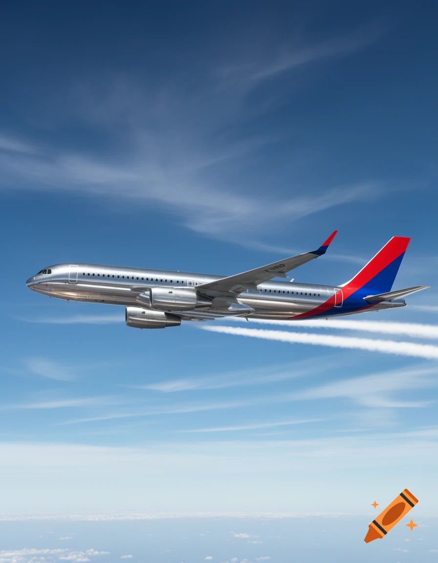 Photorealistic image of a sleek silver airplane with red and blue tail fins flying in a clear blue sky with wispy clouds.
