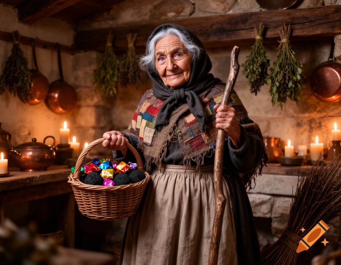 An old woman, like Befana, with a scarf and shawl, holds a basket of colorful candy and coal and a wooden staff in a rustic, candlelit kitchen.