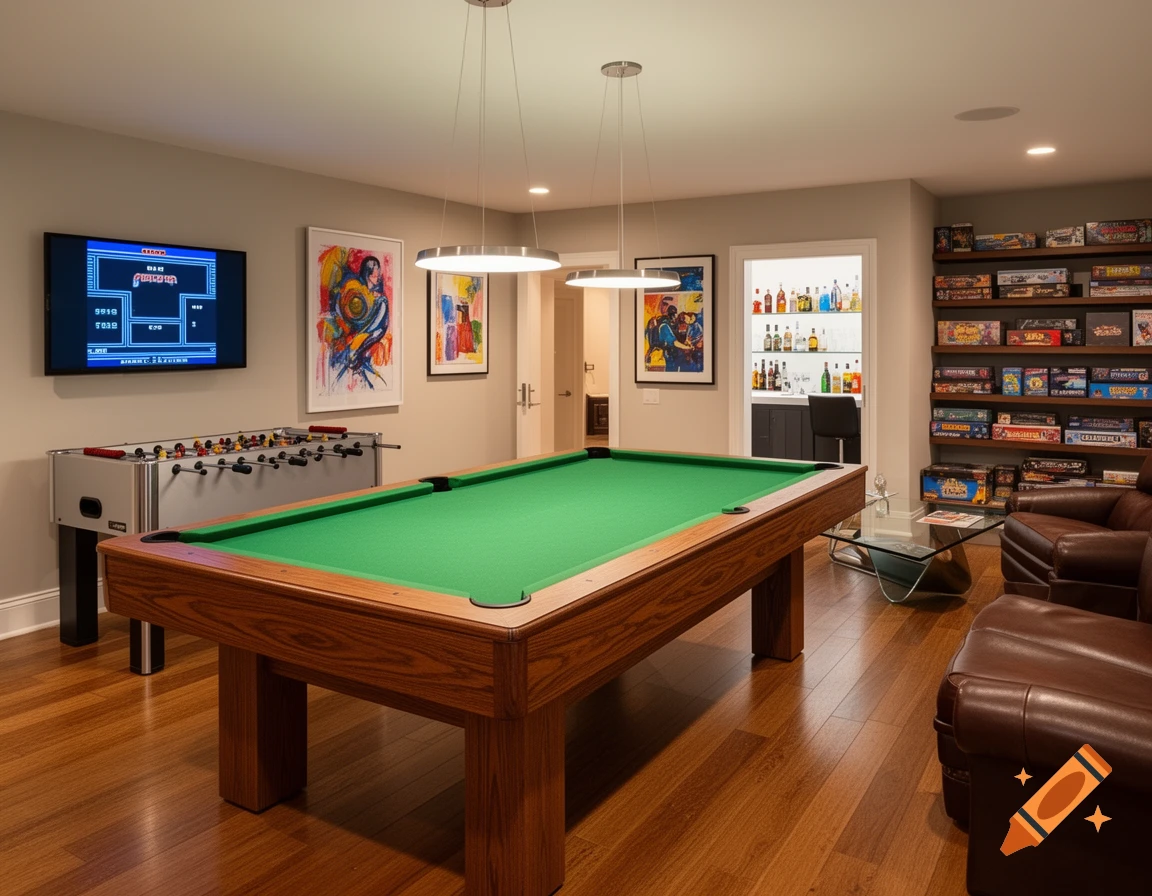 A modern game room featuring a green-felt pool table, a foosball table, a TV screen displaying a retro video game, a fully stocked bar, and shelves filled with board games.